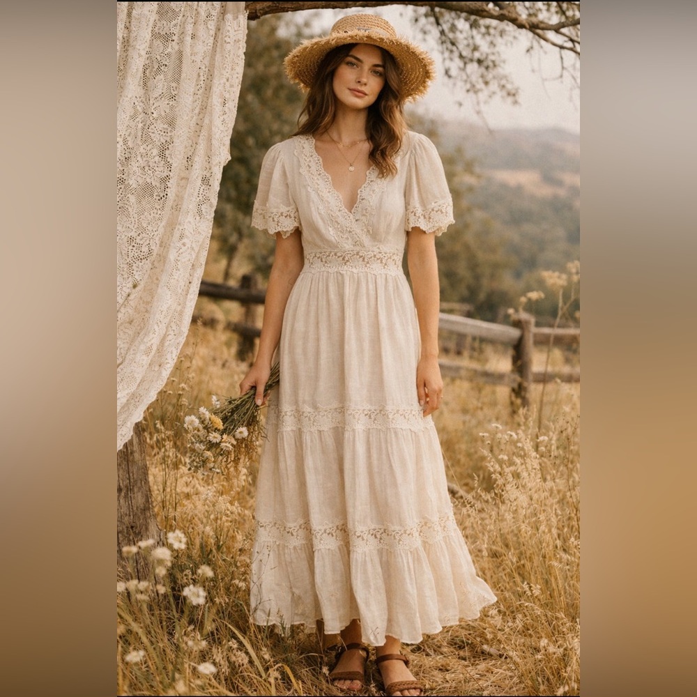 Cream Lace Tiered Maxi Dress with Puff Sleeves